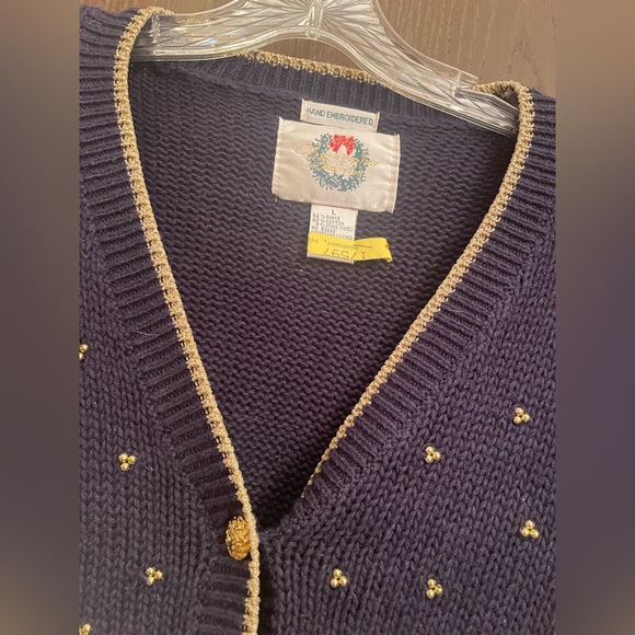 Christopher & Banks Vtg Hand Embroidered Blue Christmas Sweater Cardigan L - Picture 2 of 12